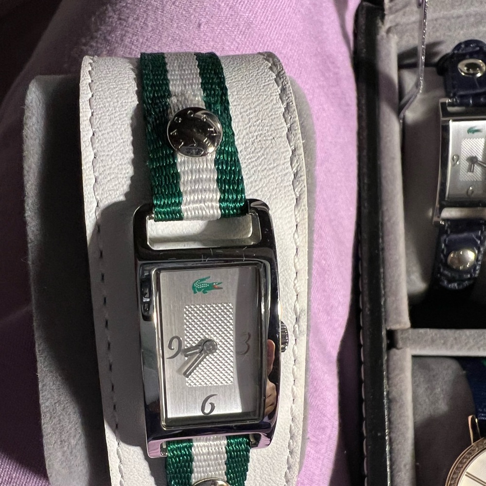 Leather Lacoste white & green band watch
